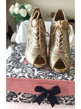 Bordello Gold Glitter Lace-Up Peep-Toe Stiletto Heels 4.5 Inch Heel with box